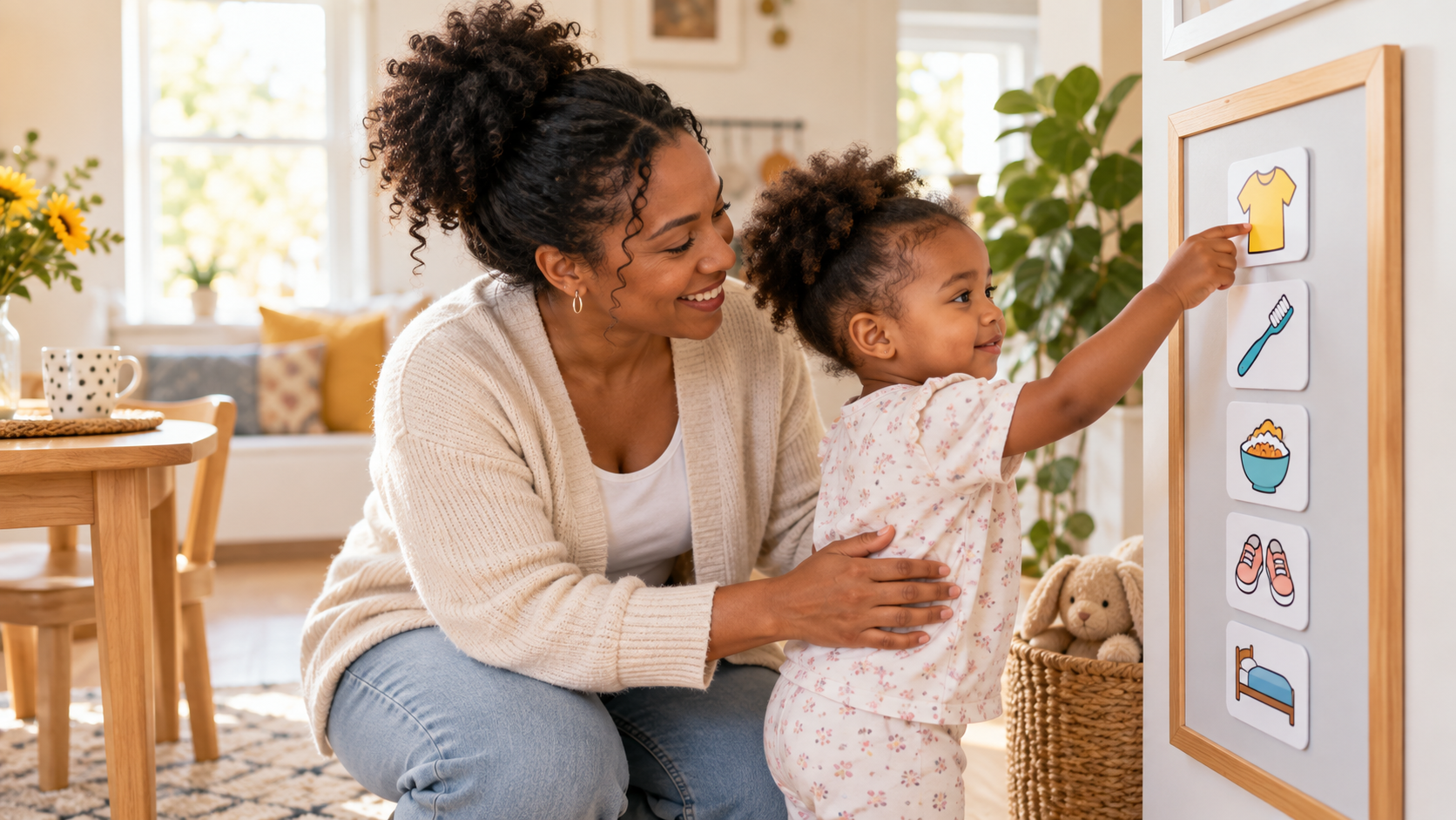 Mother helping toddler use a visual morning routine chart